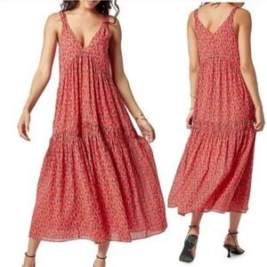 Joie Women Tea Rose Multi Print V-neck Maxi Dress M Bondi Cotton Red Pink Tiered